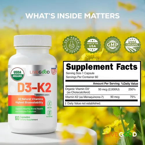 Vista 3 de LIVEGOOD Suplemento orgánico D3 K2 de 2000 UI, cápsulas veganas con MK-7, vitamina D3 pura con K2 para el sistema inmunológico y apoyo óseo