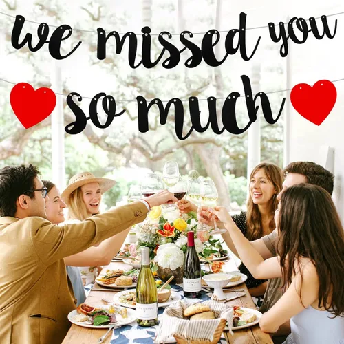 Vista 3 de Cartel de bienvenida para el hogar con texto en inglés "We Missed You So Much", con purpurina negra con texto en inglés "Happy Friendsgiving
