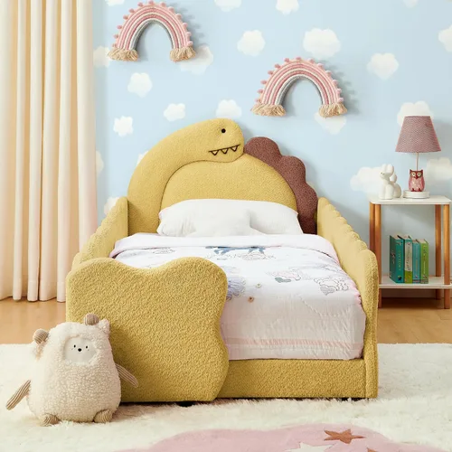Vista 11 de Cama infantil con forma de dinosaurio de tamaño individual con barandilla de seguridad, marco de cama de piso de madera maciza para niños