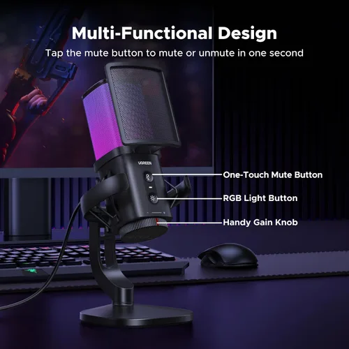Vista 4 de UGREEN Micrófono USB para juegos para transmisión y chat de voz, micrófono de condensador de 24 bits/96 kHz con silencio rápido, monitoreo