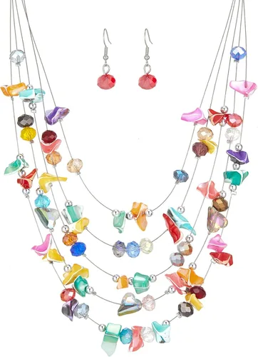 Vista 9 de Collar de cuentas de concha bohemia de varias capas para mujer, hebra de cristal colorida con cuentas plateadas, collares y aretes, disfraces