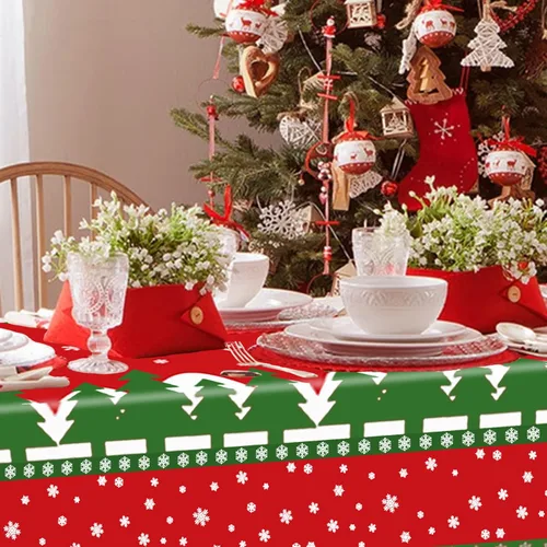 Vista 2 de Mantel de Navidad desechable, mantel de plástico para Navidad, color rojo, verde, blanco, mantel de árbol de renos y copos de nieve para decoración