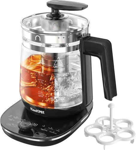 Vista 9 de Hervidor Eléctrico de Vidrio Caliente con Infusor de Té y Control de Temperatura, Tetera de Acero Inoxidable de 1.5L y Hervido Rápido de 1200W, Azul