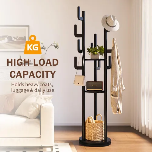 Vista 6 de Yoobure Perchero Giratorio Independiente – Árbol de Abrigos de Madera Maciza con 9 Ganchos y 3 Estantes de Almacenamiento para Cartera, Bolsa