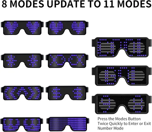 Vista 22 de Gafas LED dinámicas que brillan con luz LED recargable por USB, con luz intermitente de neón, 11 patrones, gafas luminosas
