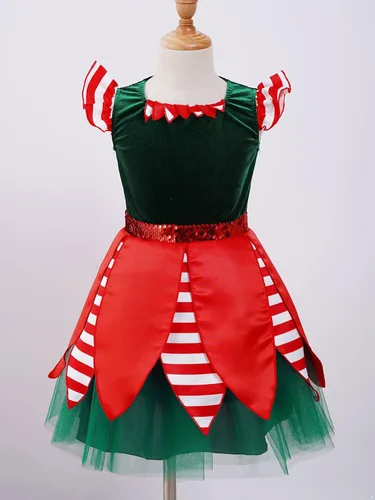 Vista 5 de Disfraz de Navidad con estampado de 2 piezas para niñas, mangas con volantes, lentejuelas, rayas, vestido tutú de malla con sombrero