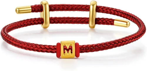 Vista 30 de ZHOU LIU FU Pulsera de Oro de 24K con Dijes de Iniciales, Pulseras Ajustables de Cadena Roja con Dijes de Letras y Corazón A-Z, Brazalete Apilable