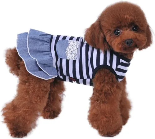Vista 3 de Vestidos de perro para perros pequeños, chihuahua, vestido de mezclilla para mascotas, lindas faldas de camiseta a rayas, faldas de princesa Yorkie