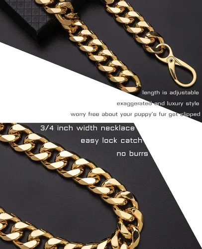 Vista 5 de Collar de perro de eslabones cubanos – Collar de perro de cadena dorada de metal ligero de 3/4 pulgadas de ancho, lindos accesorios de joyería
