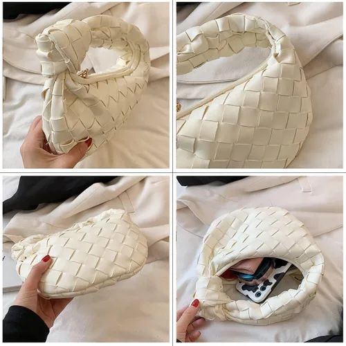 Vista 5 de Bolso tejido de piel sintética suave para mujer, hecho a mano, bolso de hombro tejido, con nudos, casual, para el verano, Negro