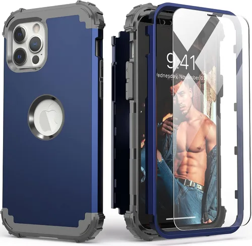 Vista 19 de IDweel Funda para iPhone 12 Pro Max con protector de pantalla de vidrio templado, híbrido 3 en 1, a prueba de golpes, delgada, resistente, cubierta