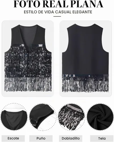 Vista 2 de ZXZY Womens Sequin Fringe Sleeveless Vest Sparkly Jacket Cardigan Negro