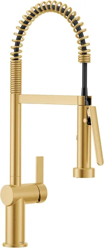 Vista 27 de Moen Cia Grifo de barra moderno color oro cepillado con aumento de potencia y acentos opcionales en negro mate, instalación fácil de un solo mango