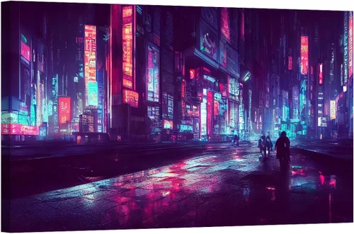 Vista 13 de LSIUHWUWI Future City Concept - Cuadro decorativo moderno para pared, impresión sobre lienzo Cyberpunk City Neon Streetview por la noche