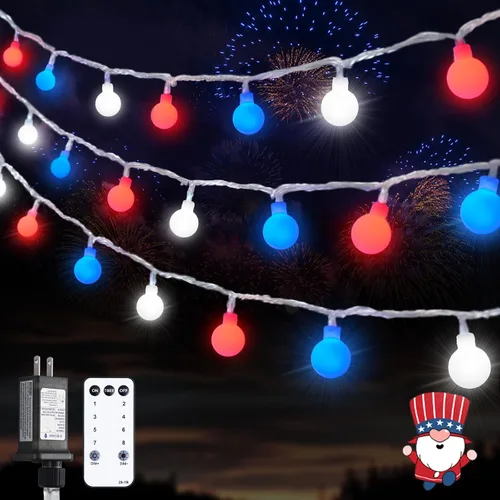 Vista 9 de JMEXSUSS Luces de Cuerda de Globo, Luces de Navidad Rojas y Blancas, Enchufe de 100 LED Globe String Lights Plug in with Remote, 33 ft 8 Modes