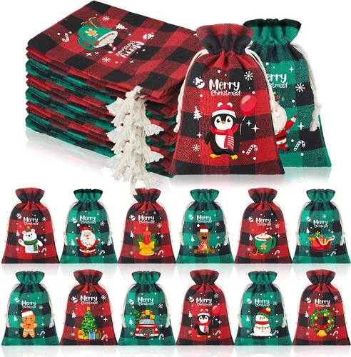 Vista 14 de Boao 24 piezas Bolsas de Navidad Bolsas de regalo con cordón de Navidad a cuadros de búfalo envoltura de regalo de algodón bolsa de dulces
