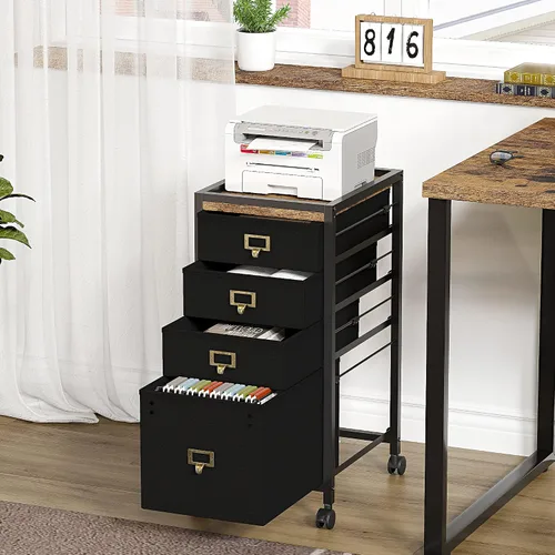 Vista 3 de Amyove Archivador de 4 cajones, archivador negro para impresora móvil compatible con tamaño A4 o carta, archivador vertical de tela con ruedas, mesa