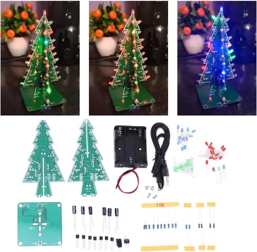 Vista 9 de Árbol de Navidad 3D, circuito flash LED, kit de árbol de Navidad para práctica de soldadura, kit de proyecto electrónico para decoración de regalo 7
