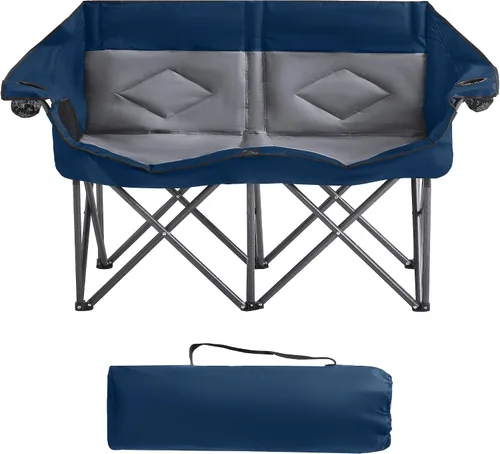 Vista 12 de Silla plegable doble de camping para 2 personas, resistente y de gran tamaño, soporta 800 libras con portavasos y bolsillo lateral para campamento