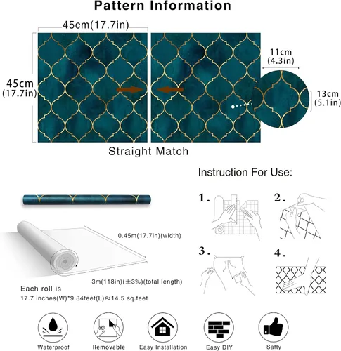 Vista 5 de HAOKHOME - Papel tapiz despega y pega, diseño geométrico enrejado, color esmeralda/zafiro azul/bronce, papel de contacto extraíble para decoración