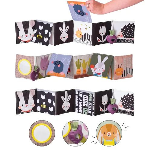 Vista 11 de Taf Toys Libro de actividades suaves para recién nacidos, libro para bebés de alto contraste en blanco y negro, juguetes sensoriales para bebés