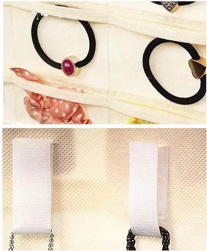 Vista 5 de Bolsa organizadora de joyas colgante (40 bolsillos) y 20 ganchos de cinta mágica para almacenamiento en el armario para viajes portátiles, anillos