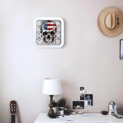 Vista 6 de 10" Square Modern Wall Clock,American Flag Skull Print Kitchen Clocks Wall Battery Operated,Silent Non Ticking Unique Funny Cute Wall Clock for