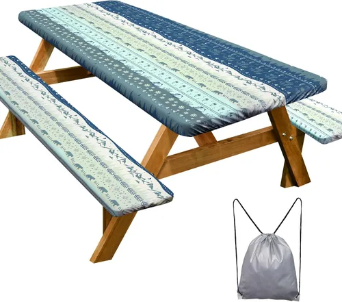 Vista 58 de Funda de mesa de picnic con fundas para bancos Esenciales de camping Mantel de picnic impermeable y a prueba de viento con bolsa de cordón, funda