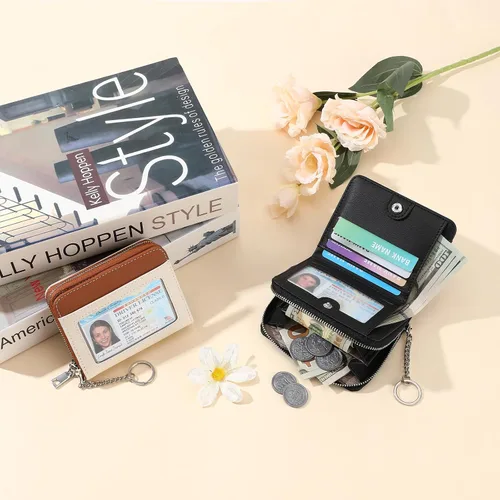 Vista 7 de GAEKEAO Billetera de cuero para mujer con bloqueo RFID, tarjetero compacto, pequeño, con ventana para identificación, bolsillo con cremallera