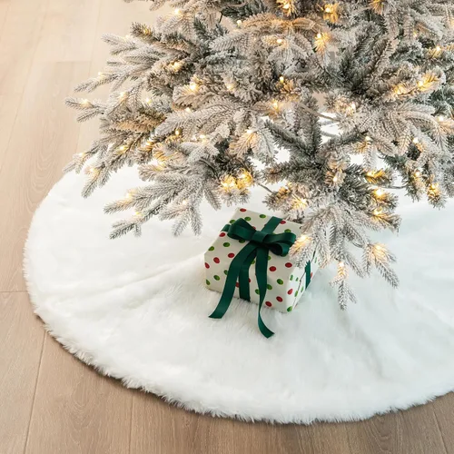 Vista 7 de Glitzhome Falda de árbol de Navidad de felpa blanca de 48 pulgadas de profundidad, falda grande para árbol de Navidad, adornos de árbol de Navidad