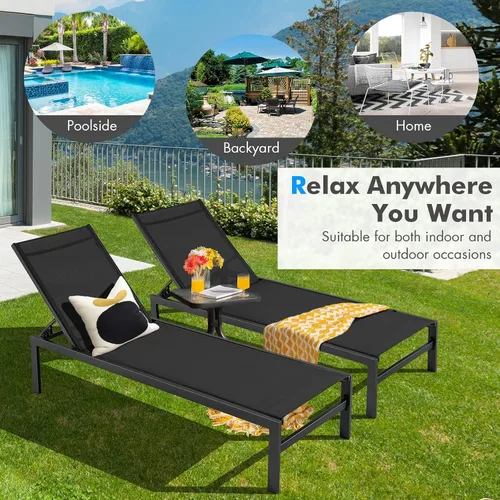 Vista 9 de Tangkula Tumbona de aluminio para patio, sillón ajustable para exteriores con respaldo de 6 posiciones, marco de aluminio resistente, tela Negro