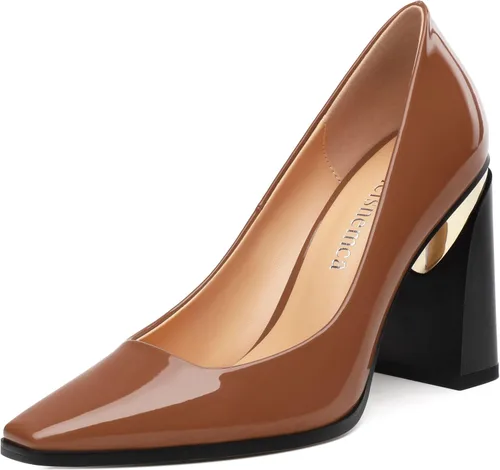 Vista 19 de Tacones altos para mujer, zapatos de vestir de tacón grueso con puntera cuadrada cerrada de patente, tacones elegantes, zapatos de vestir diarios