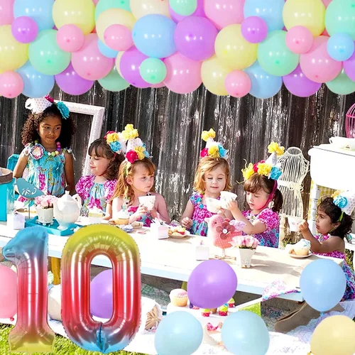 Vista 6 de Decoraciones de cumpleaños número 10 para niñas, juego de guirnalda de globos de macarrón con un solo dígito con texto en inglés "I'm 10" Backdrop