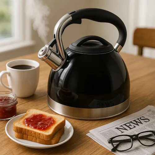 Vista 3 de Creative Home Triumph - Hervidor de té silbante de acero inoxidable, 3.5 cuartos de galón, tetera negra Base encapsulada de triple capa, mango