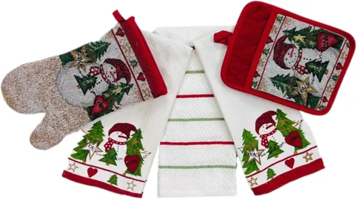 Vista 13 de Paños de Cocina y Agarraderas Navideños - Juego Alegre de Navidad de 4 Piezas 100% Algodón Verde Rojo Blanco - Dos (2) Paños de Cocina, Un (1)