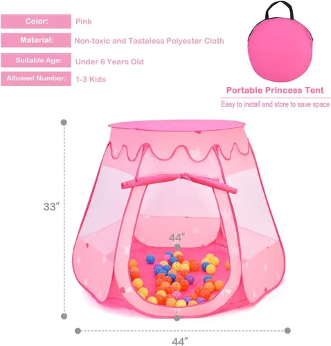 Vista 7 de Costzon Tienda de campaña desplegable de princesa con 100 bolas incluidas, tienda de campaña plegable portátil para niños con bolsa de transporte