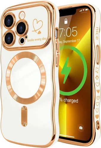 Vista 93 de LCHULLE - Funda magnética para iPhone 13 para mujeres y niñas, con forma ondulada, color azul bebé [Compatible with MagSafe] Cute Curly Wave, Love