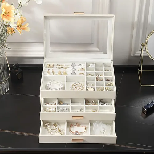 Vista 4 de Joyero de 3 capas con tapa de acrílico transparente, organizador de joyas de piel sintética para mujeres, adolescentes, niñas y niños, caja