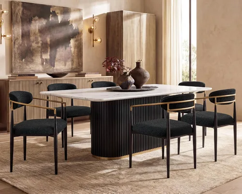 Vista 10 de Juego de mesa de comedor moderno Morden Fort para 4, mesa de cocina de 70" con tapa rectangular de mármol y base estriada negra, 4 sillas tapizadas