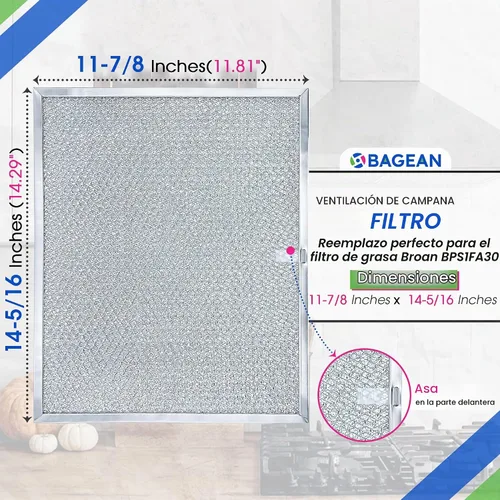 Vista 3 de Filtro de ventilación para campana de estufa Bagean 11.8" x 14.3" BPS1FA30 - Compatible con repuesto de filtro de campana extractora NuTone Allure