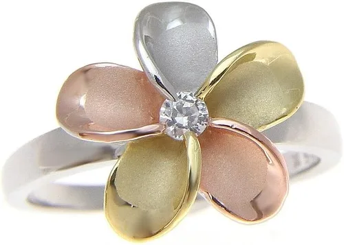 Vista 2 de Arthur's Jewelry Anillo de plata de ley 925 hawaiana, amarillo, rosa, oro rosa, rodio, tricolor, chapado en tricolor, 0.591 in, flor de plumeria