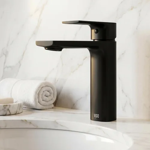Vista 2 de VIGO Davidson - Grifo de lavabo de baño de un solo mango, 6 pulgadas, negro mate, diseño moderno, latón macizo, válvula de disco WaterSense