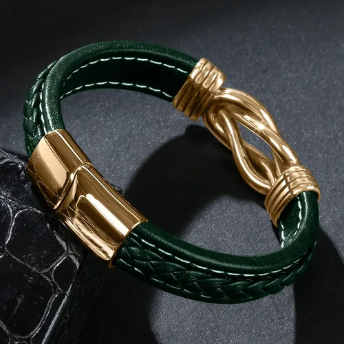 Vista 3 de Pulsera de cuero para hombre, pulsera de acero inoxidable, hebilla magnética para hombre