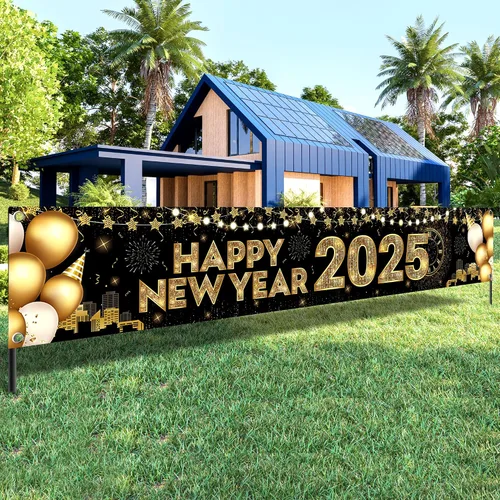 Vista 10 de KatchOn, Pancarta Grande de Feliz Año Nuevo 2026-120x20 Pulgadas Pancarta de NYE Letrero de Feliz Año Nuevo para el Jardín para Decoraciones