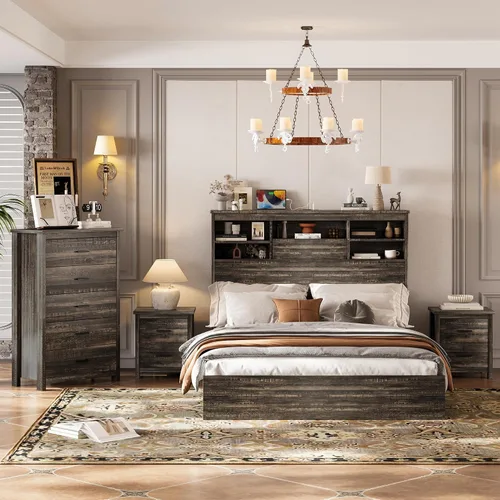 Vista 3 de Conjunto de dormitorio de 4 piezas estilo granja, cama plataforma tamaño queen con 2 mesitas de noche y almacenamiento de 5 cajones, estructura