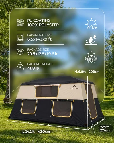 Vista 2 de CORANI Tiendas inflables de 14.1'x6.5'x9' para acampar, tienda de aire inflable portátil para 6/8/10 personas, impermeable, resistente al viento