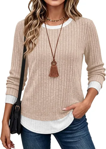 Vista 10 de WIHOLL Camisas de manga larga para mujer, trajes de otoño, suéteres ligeros Negro - blanco