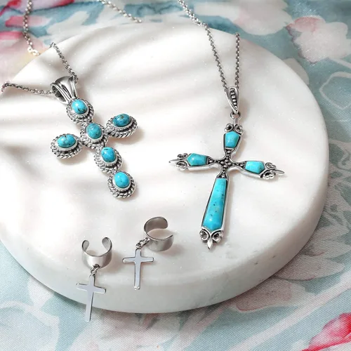 Vista 6 de Collar con colgante de cruz de ópalo azul creado con circonita cúbica para mujeres y adolescentes, plata de ley 925 con piedra natal de octubre