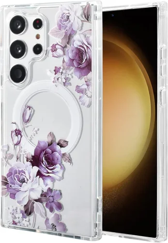 Vista 48 de Funda magnética para Samsung Galaxy S22 Ultra Flower, compatible con MagSafe, patrón floral transparente a prueba de golpes, parte trasera