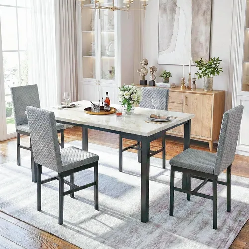Vista 3 de Hooseng Juego de mesa de comedor para 4 mesas de comedor de 5 piezas de mármol sintético con 4 modernas sillas tapizadas de terciopelo para espacios